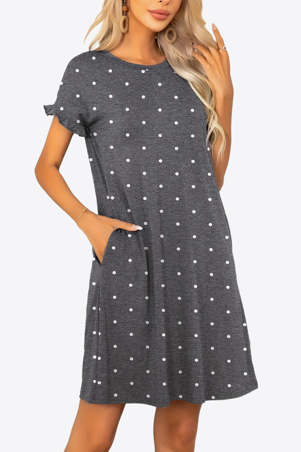 Flounce Sleeve Round Neck Dress with Pockets