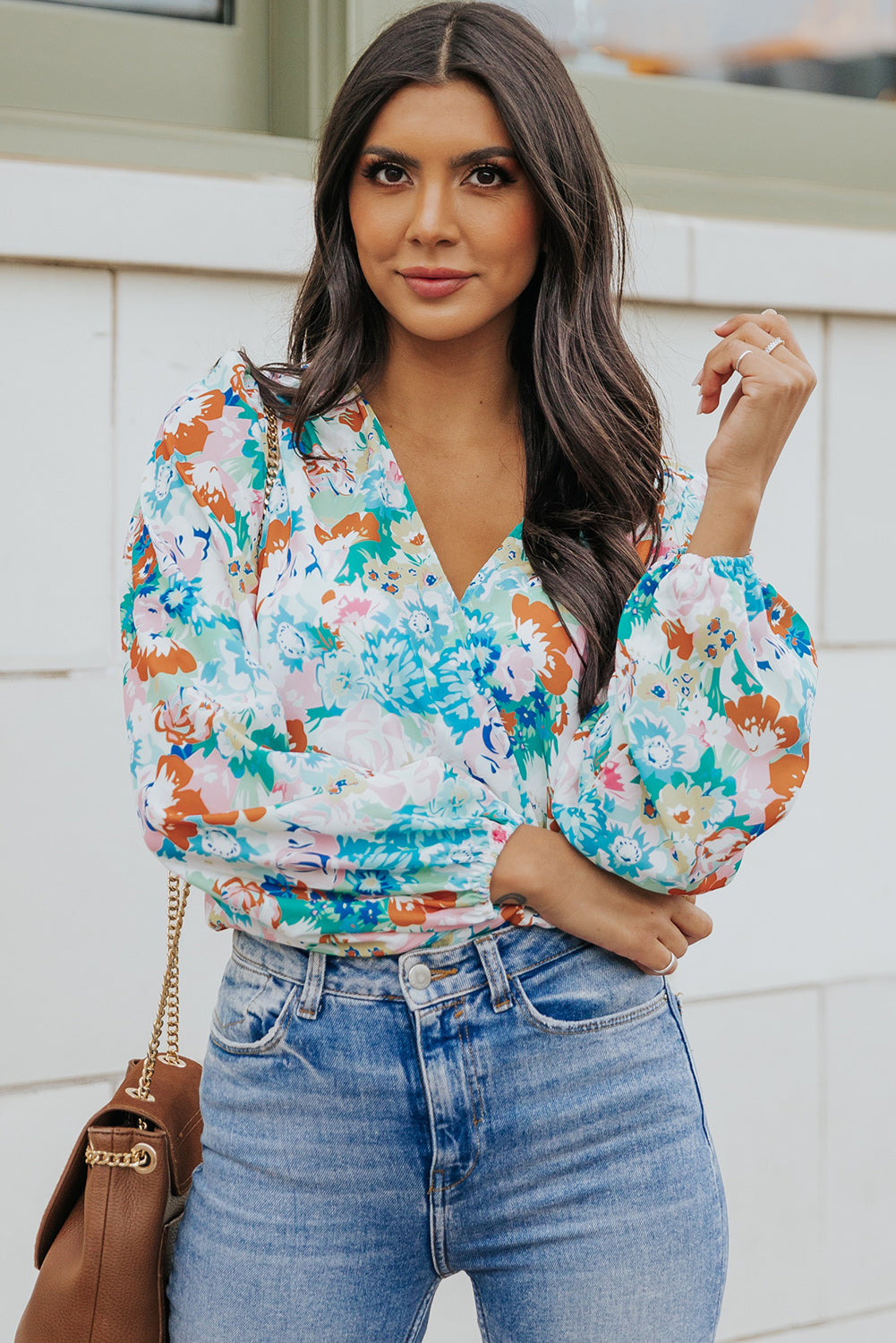 Floral Long Balloon Sleeve Blouse