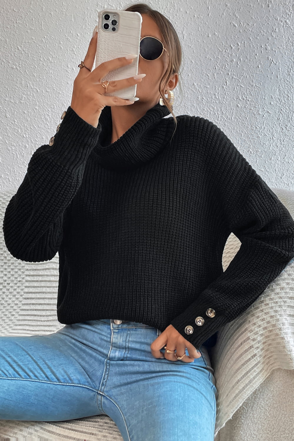 Decorative Button Turtleneck Dropped Shoulder Sweater