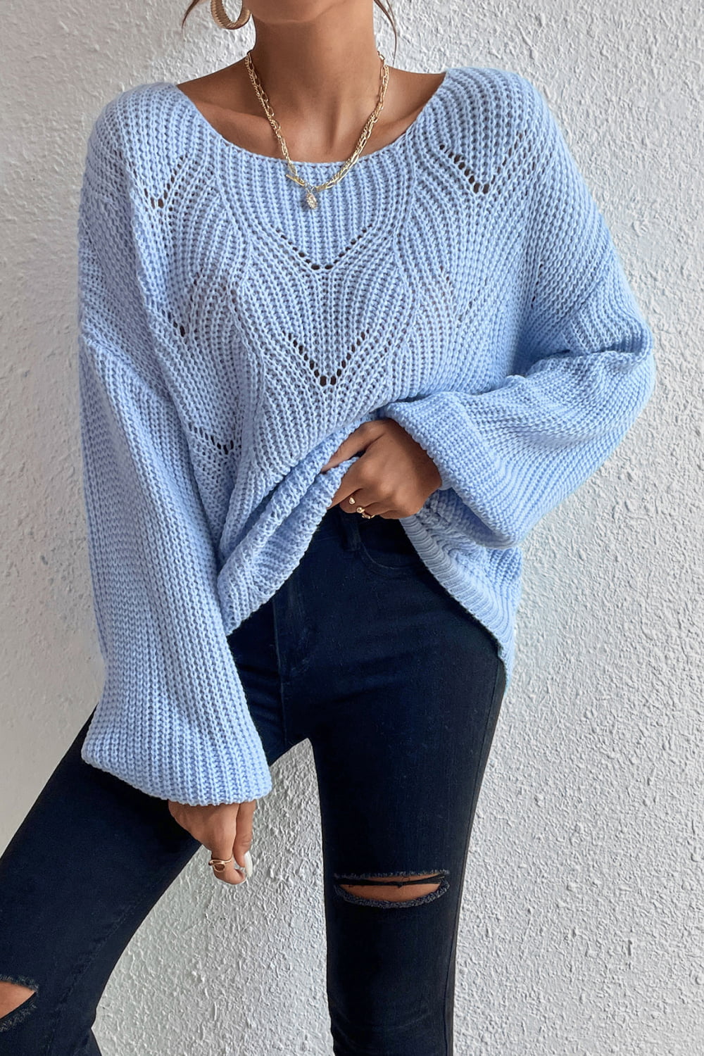 Openwork Boat Neck Dropped Shoulder Sweater