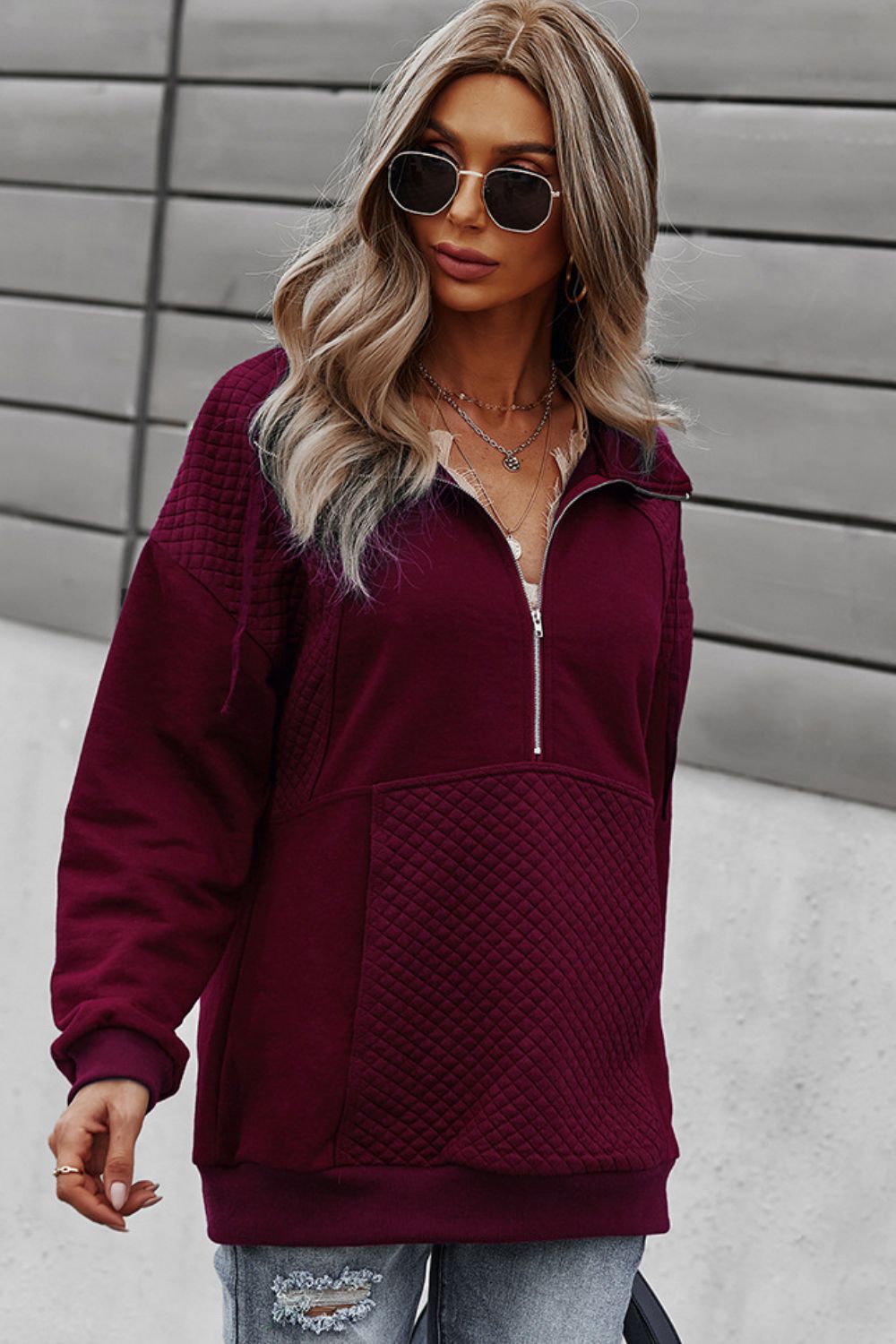 Half-Zip Collared Drop Shoulder Sweatshirt