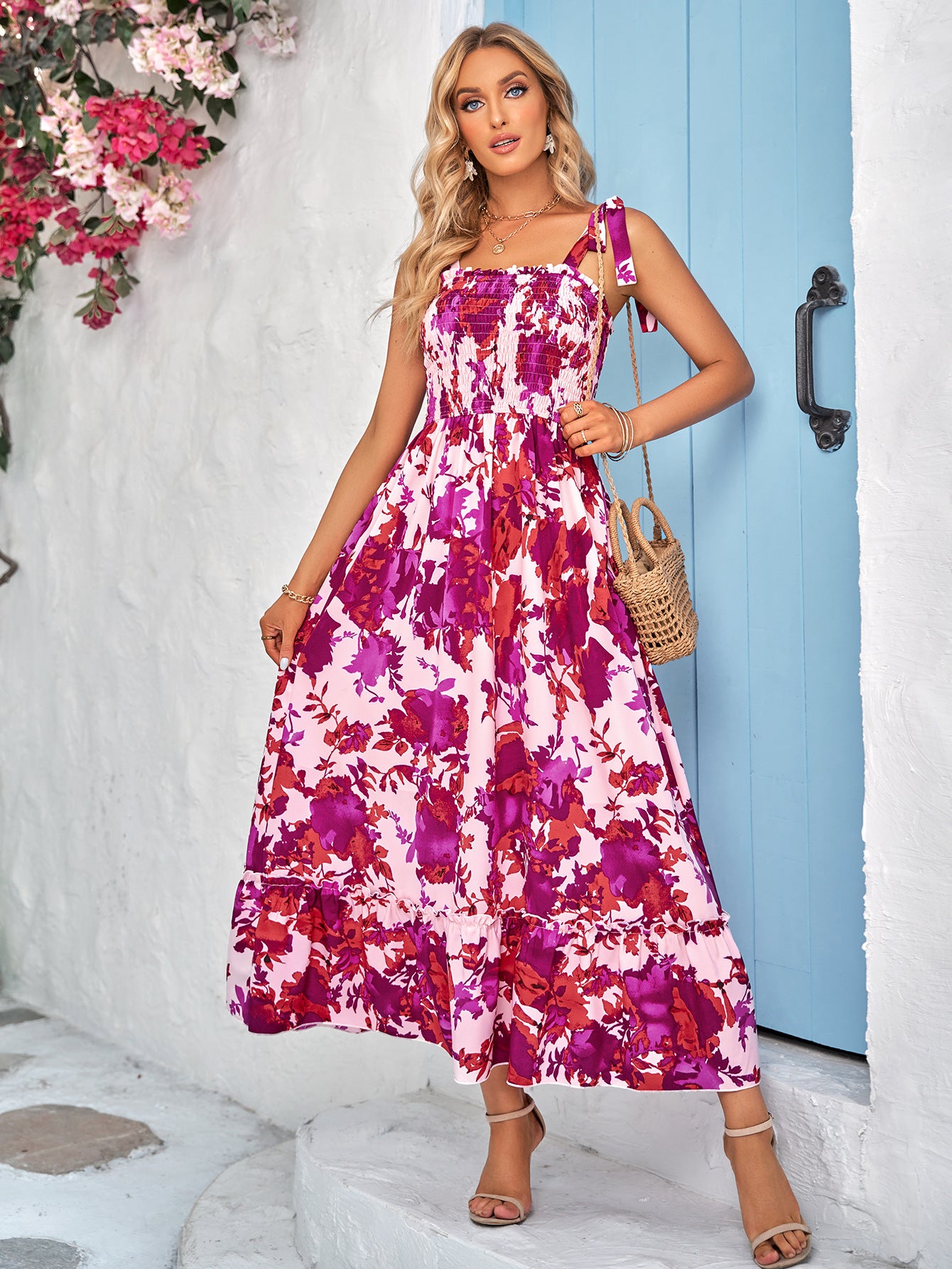 Floral Tie-Shoulder Frill Trim Smocked Dress