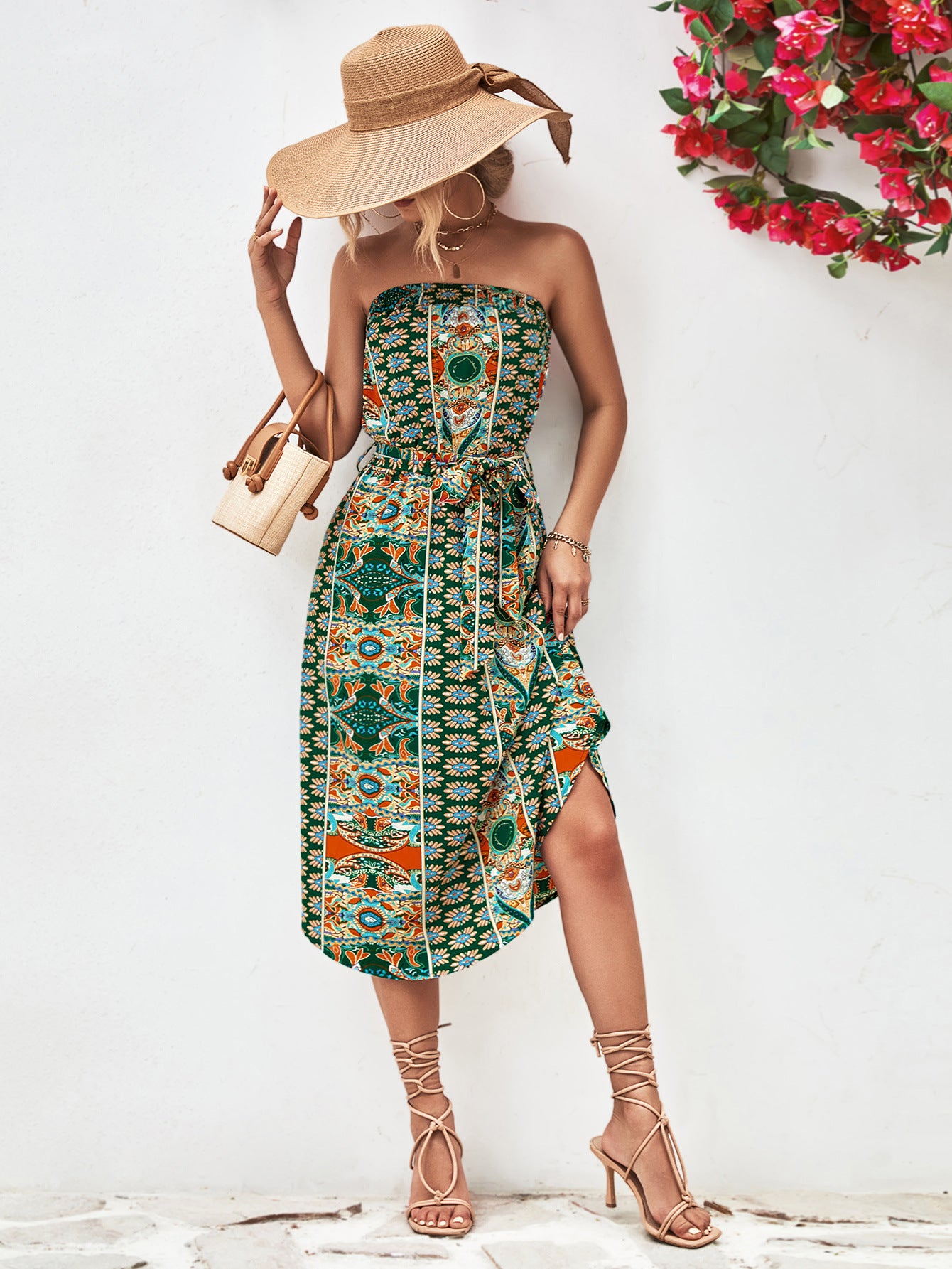 Printed Strapless Tie Belt Dress