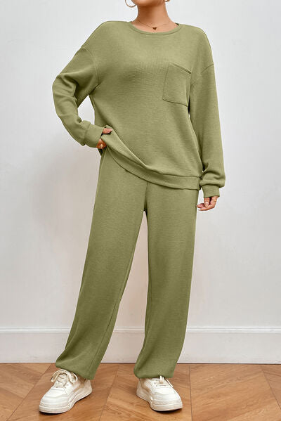 Pocketed Round Neck Top and Pants Lounge Set