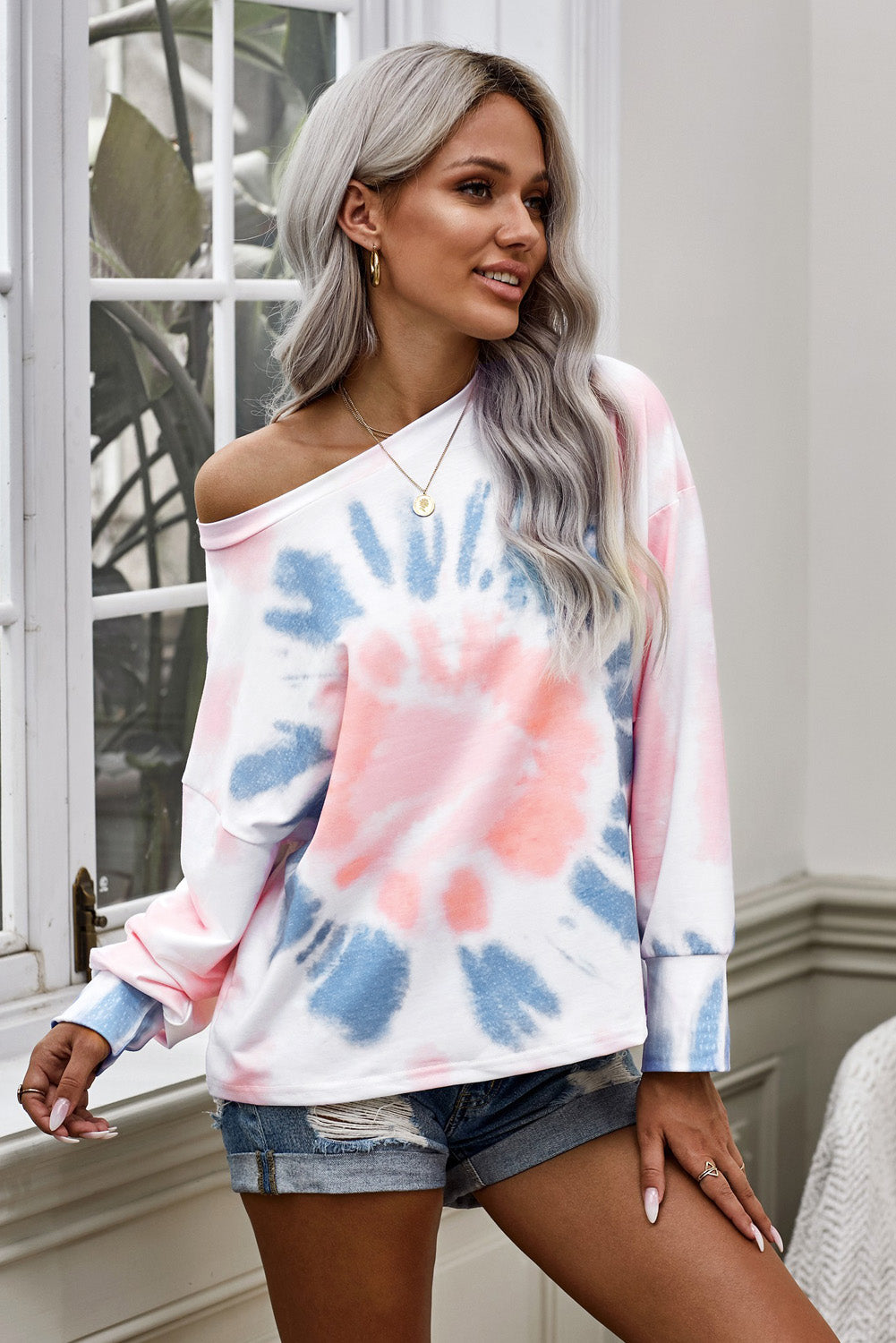 Tie-Dye Boat Neck Batwing Sleeve Tee