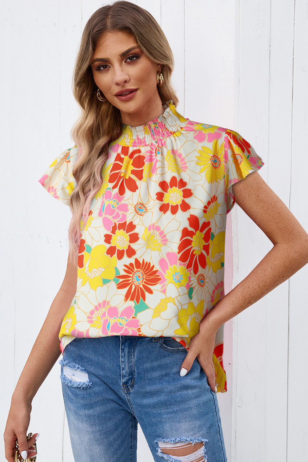 Floral Frill Neck Smocked Flutter Sleeve Blouse