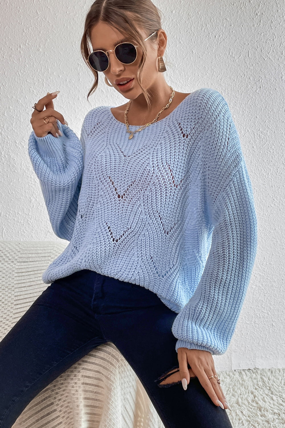 Openwork Boat Neck Dropped Shoulder Sweater