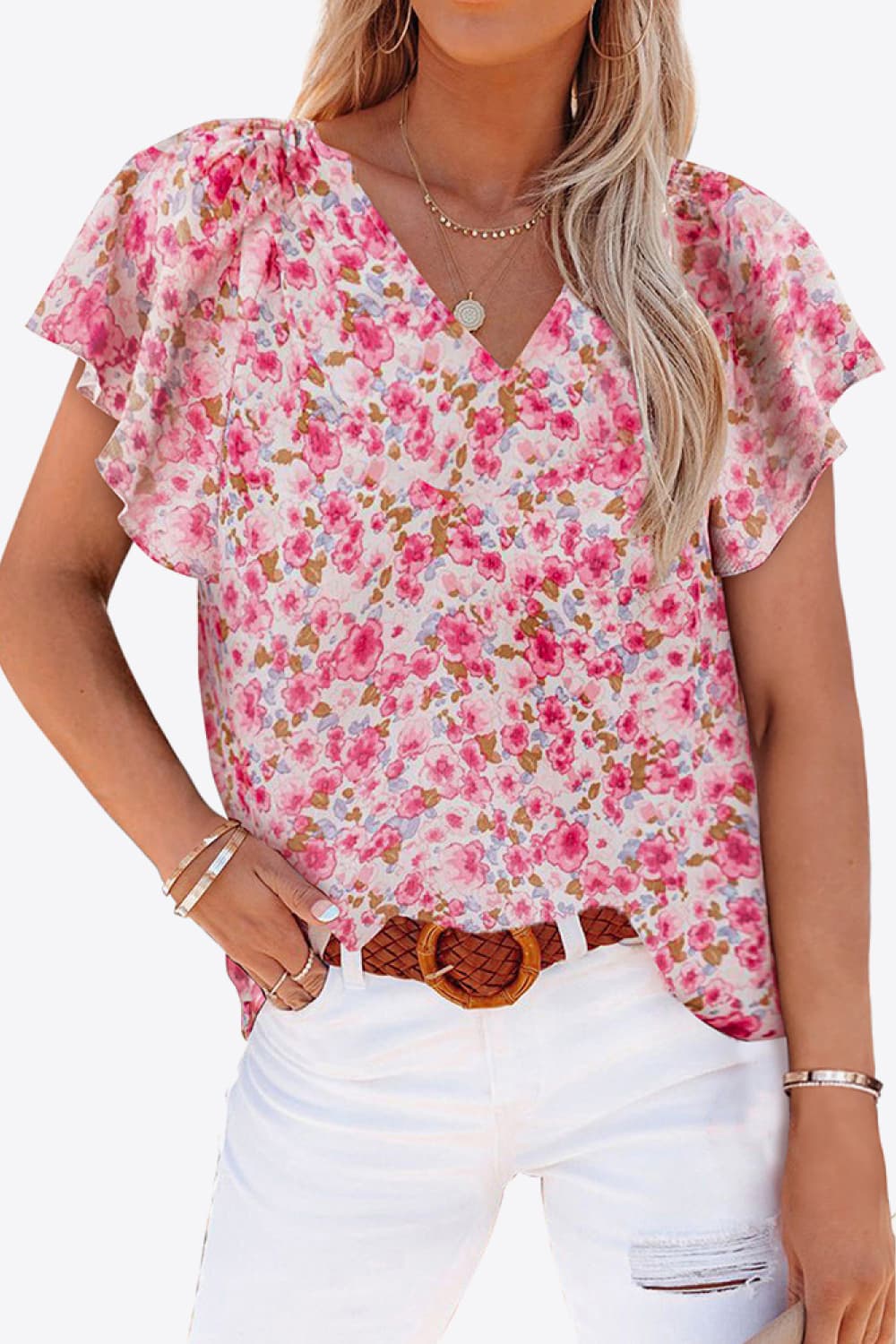 Floral V-Neck Flutter Sleeve Blouse