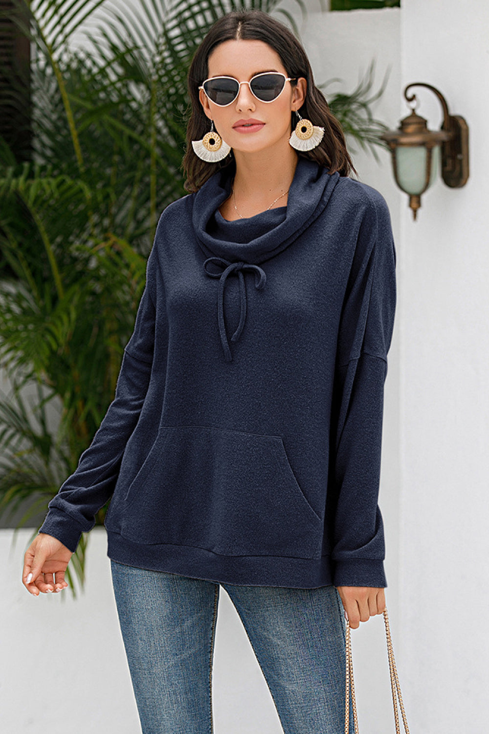 Cowl Neck Drop Shoulder Sweatshirt