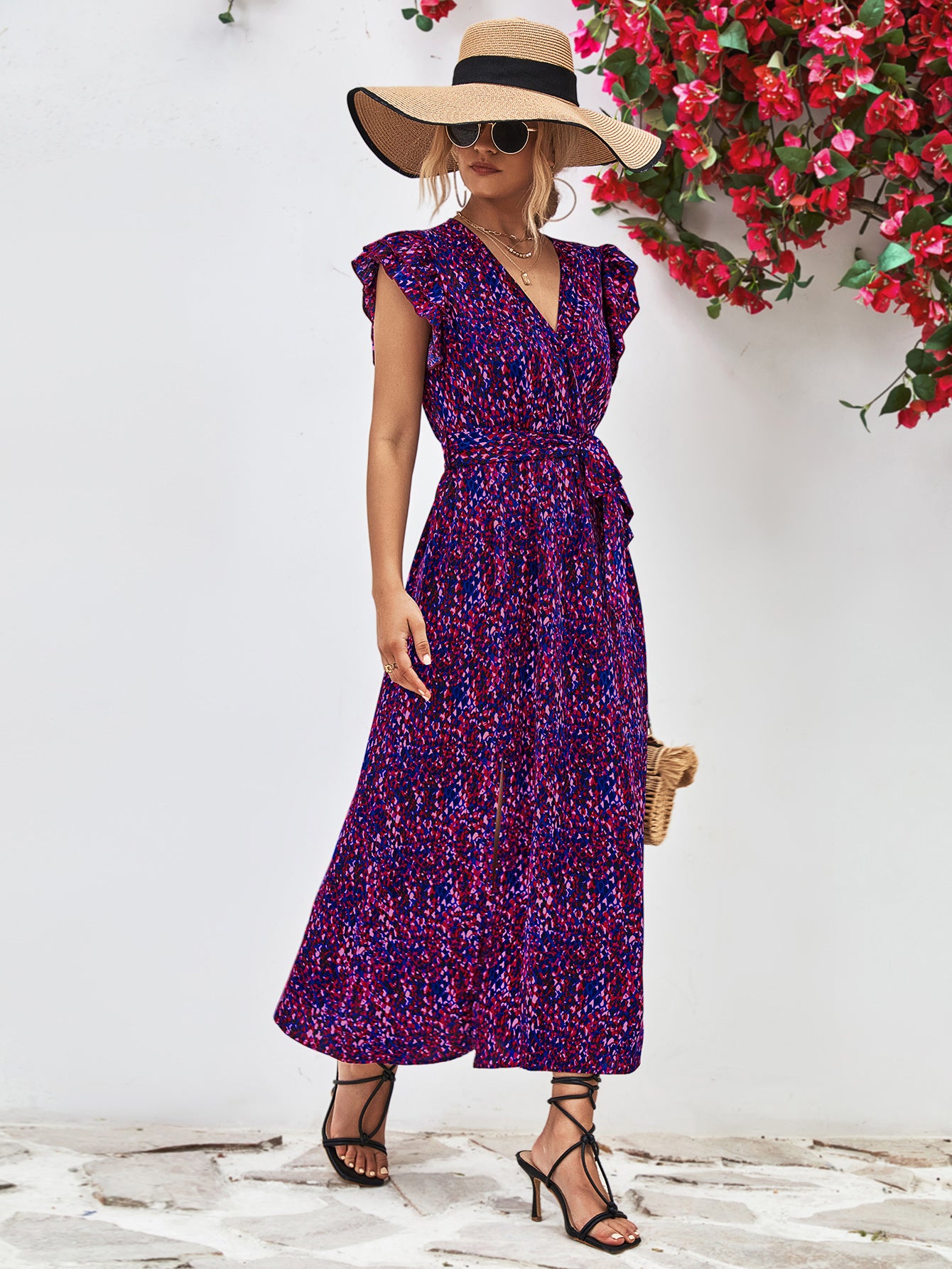 Printed Surplice Neck Flutter Sleeve Slit Dress