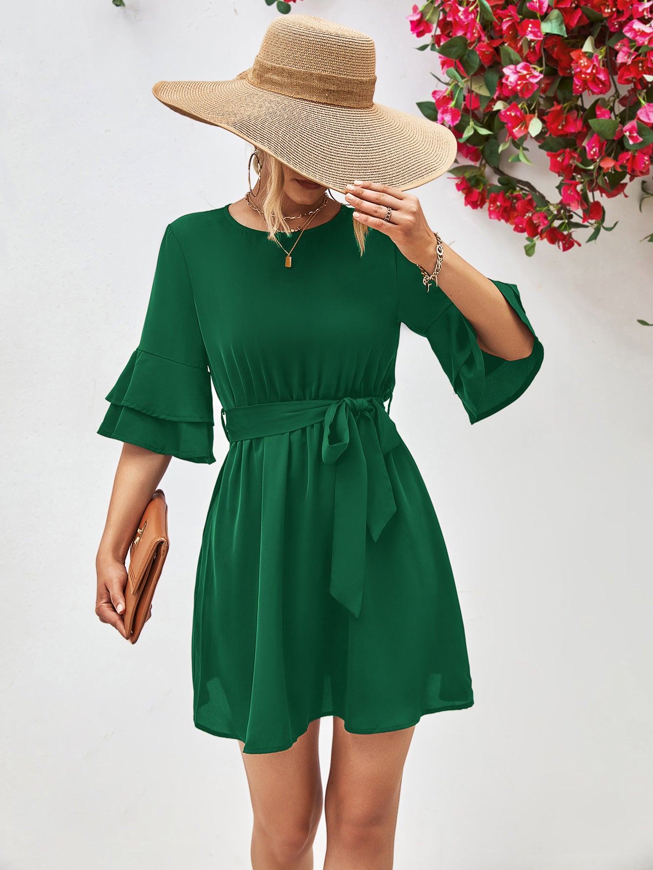 Round Neck Tie Belt Flounce Sleeve Dress