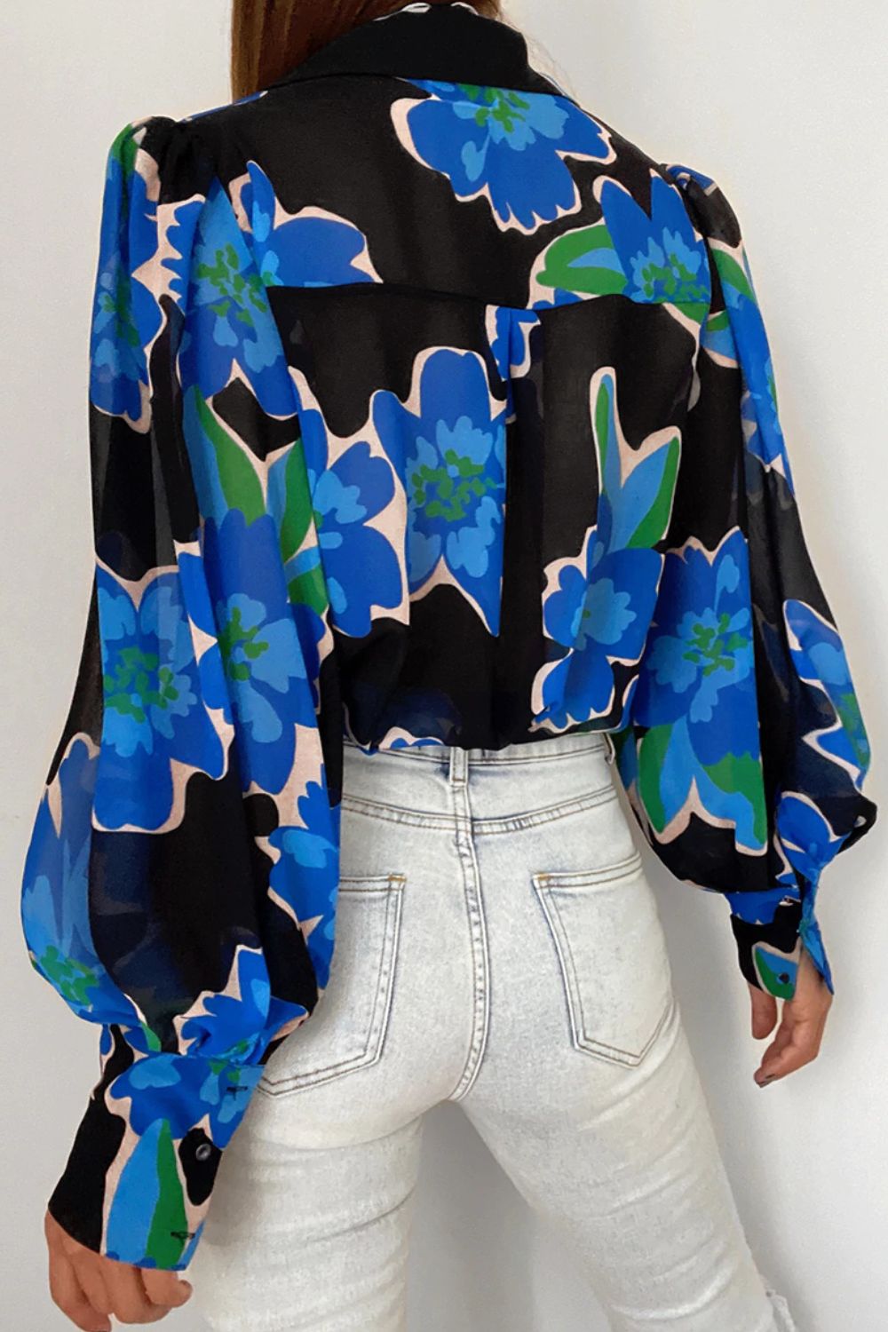 Flower Print Collared Neck Lantern Sleeve Shirt