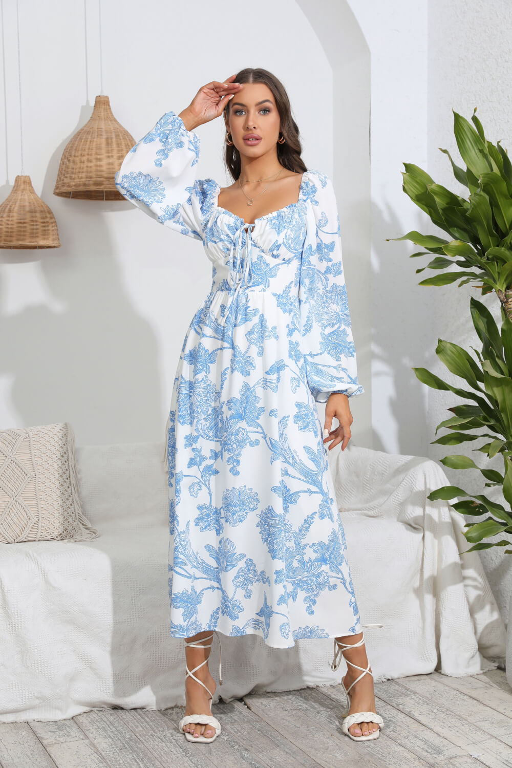 Floral Tie Front Sweetheart Neck Midi Dress