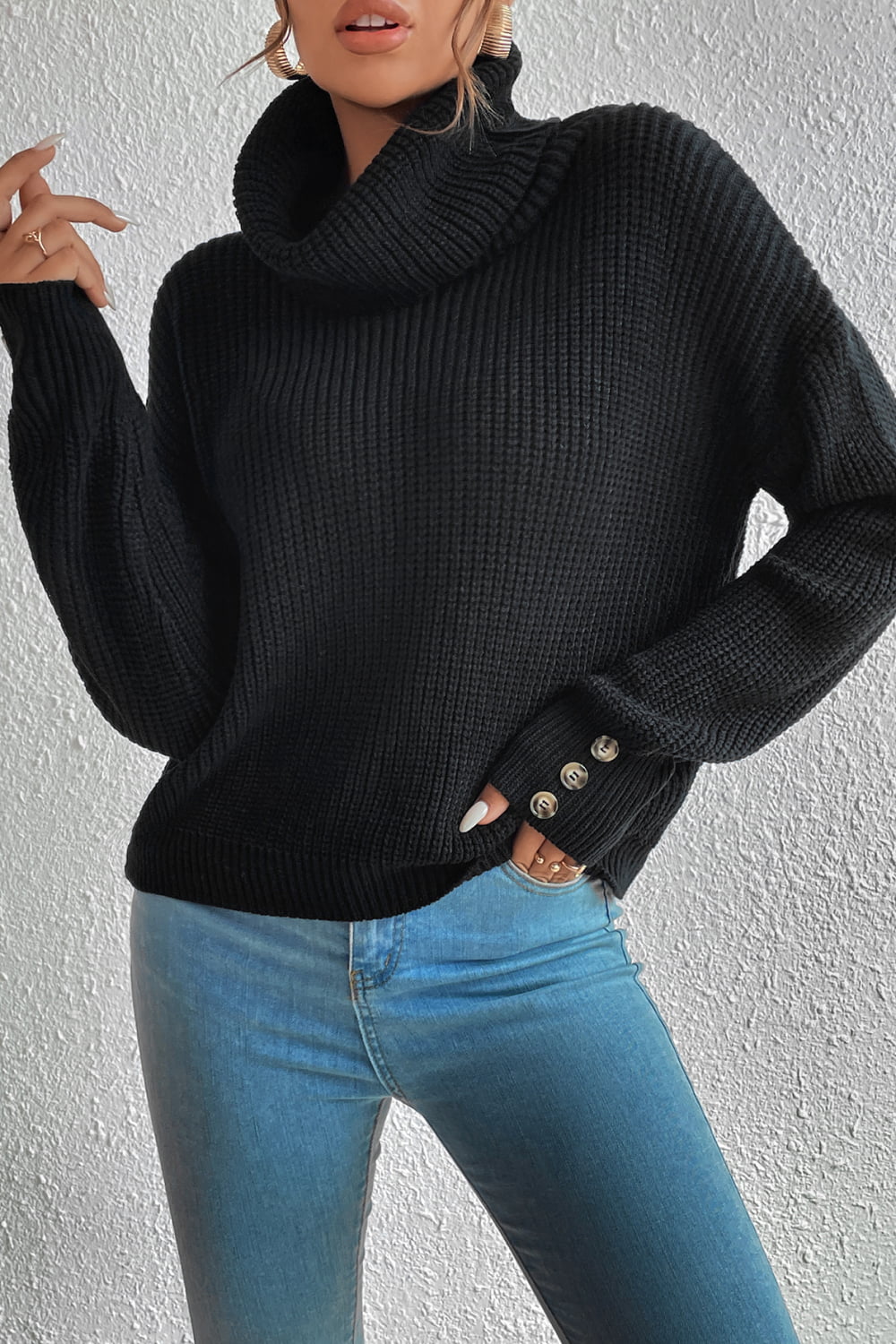 Decorative Button Turtleneck Dropped Shoulder Sweater