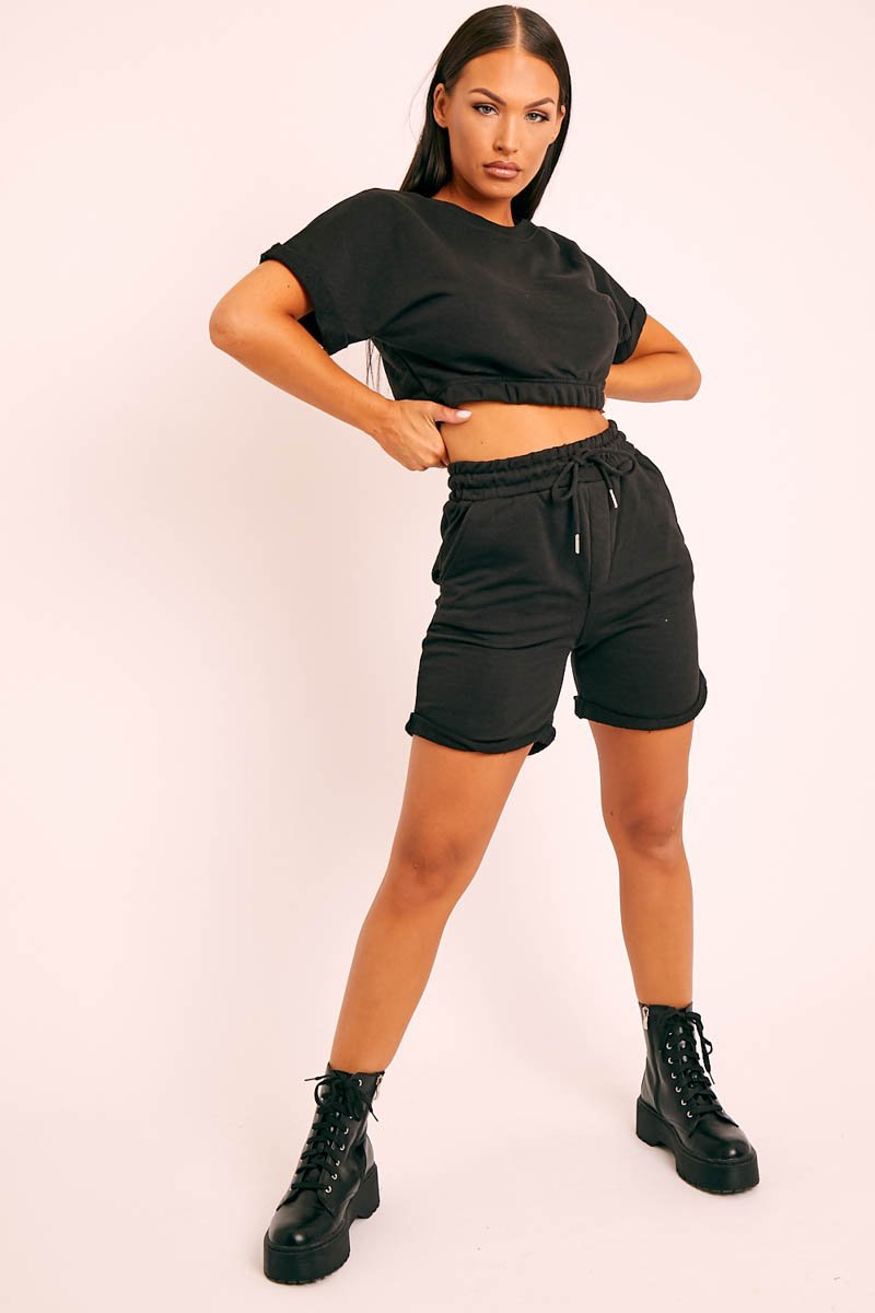 Short Sleeve Cropped Top and Drawstring Shorts Lounge Set