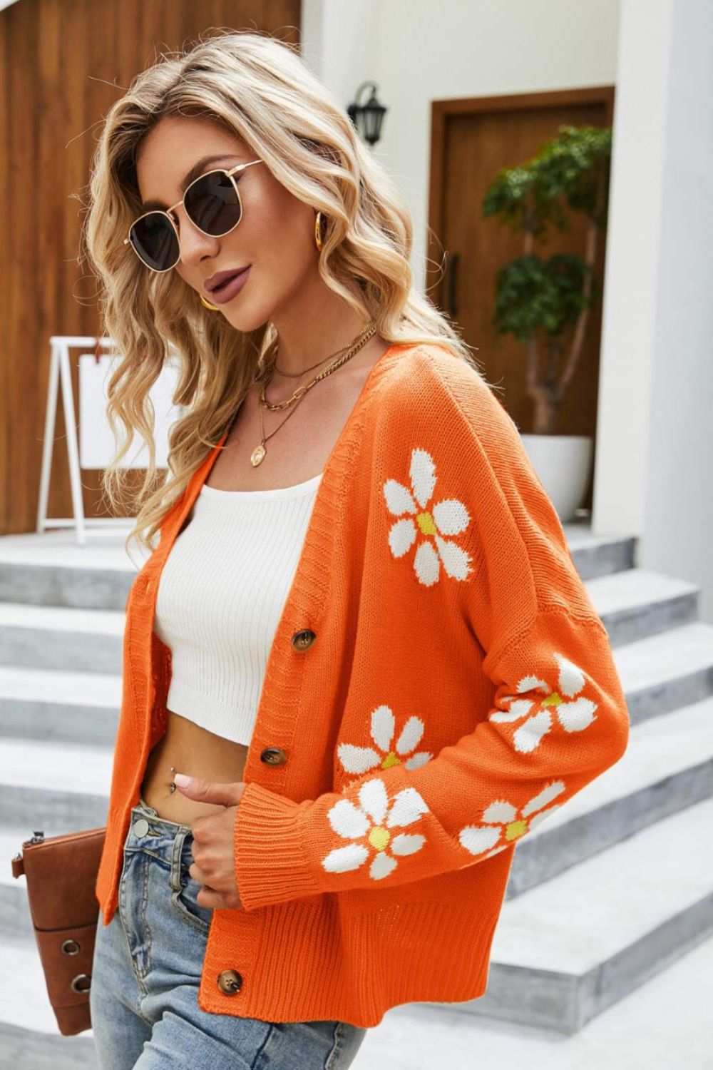 Floral Ribbed Trim Drop Shoulder Cardigan