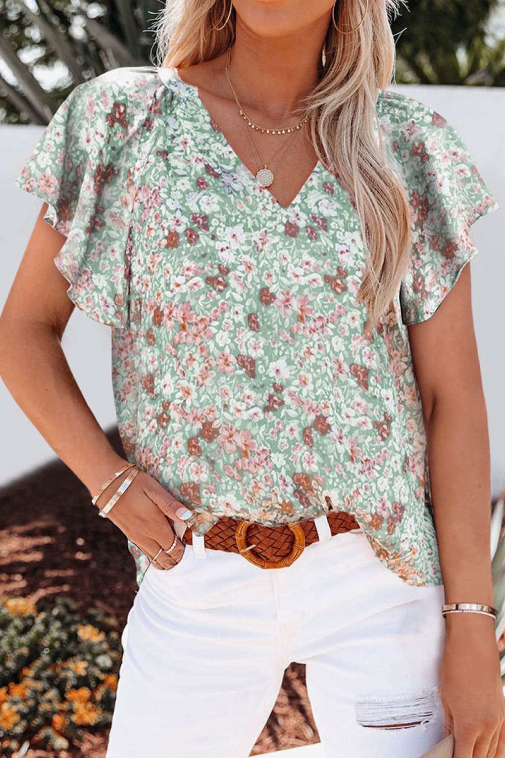 Floral V-Neck Flutter Sleeve Blouse