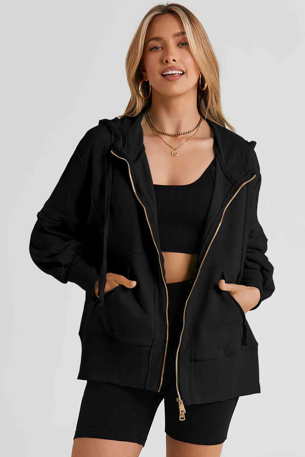 Zip Up Long Sleeve Drawstring Hoodie