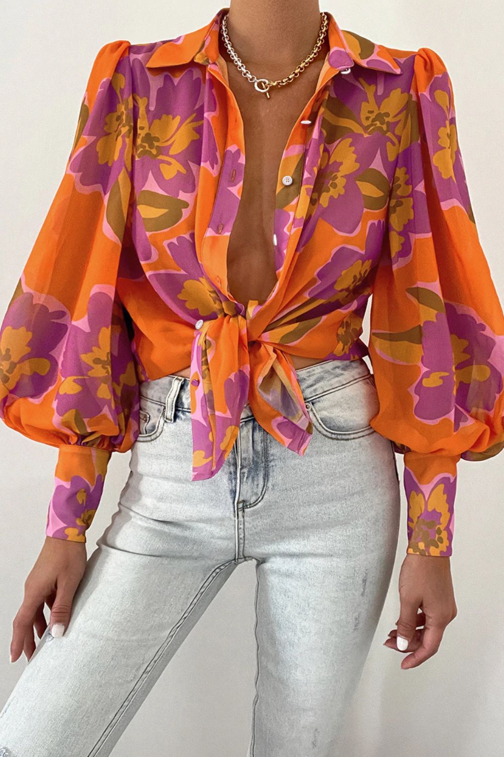 Flower Print Collared Neck Lantern Sleeve Shirt