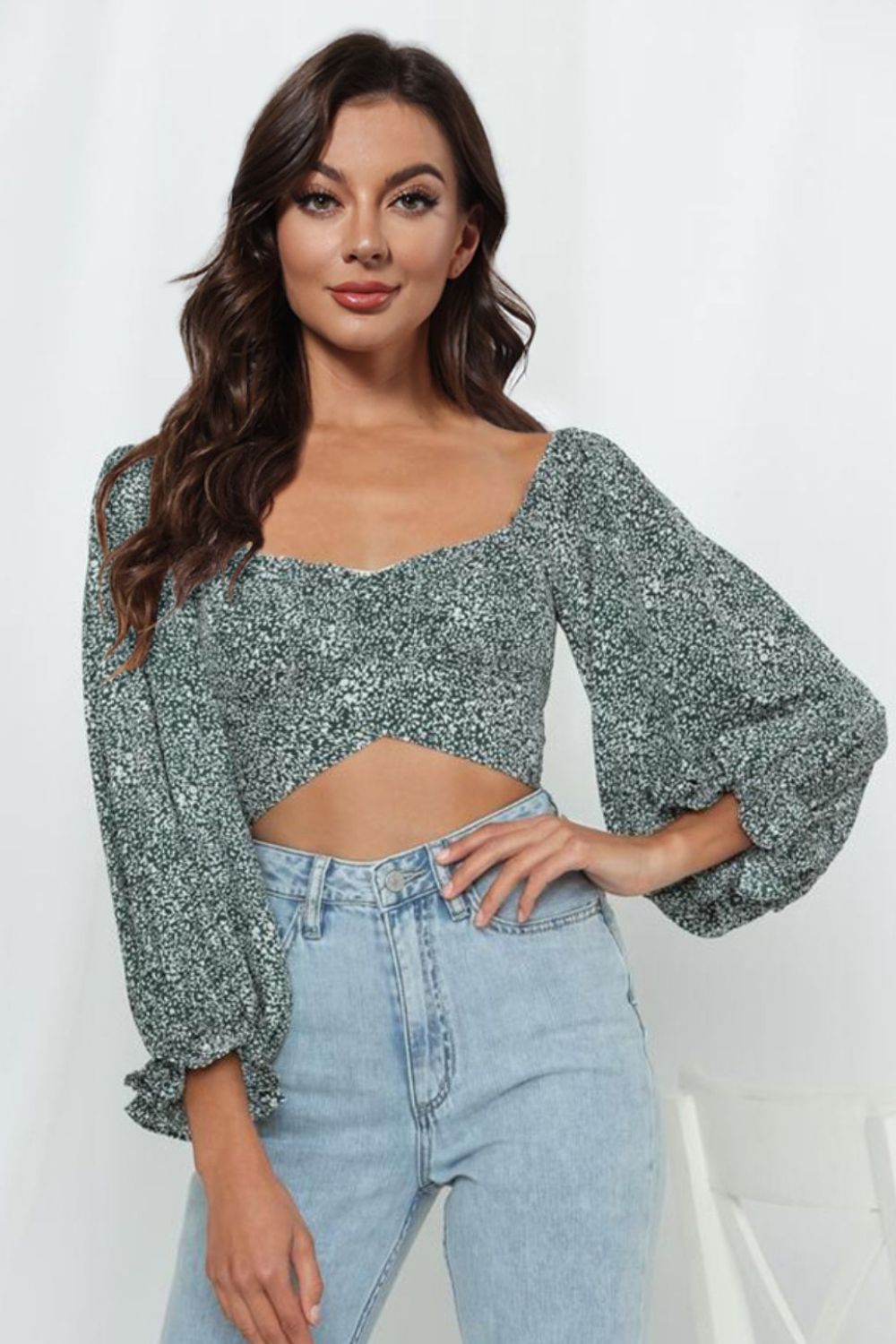 Printed Long Flounce Sleeve Cropped Blouse