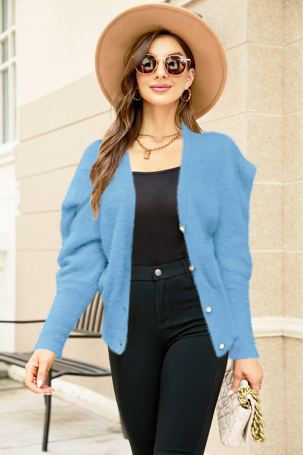 Puff Sleeve V-Neck Fuzzy Cardigan